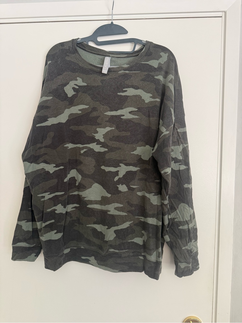 Athleta Camo Crewneck Sweater in Olive Green and Dark Green